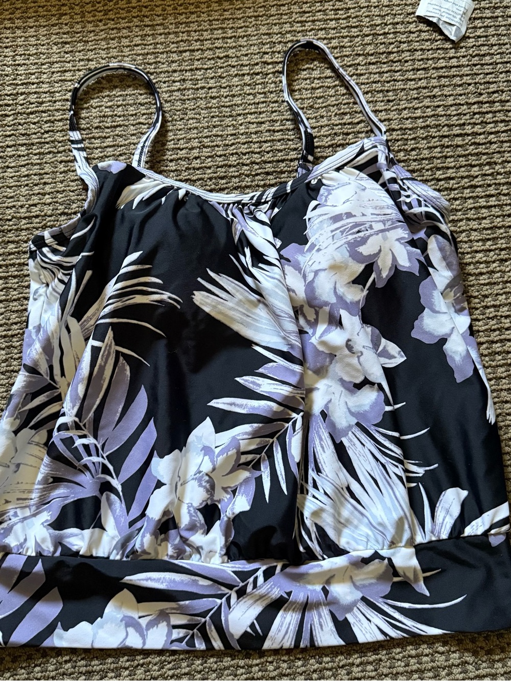 Kona Sol Black Floral Tankini Top with Lavender and White Print